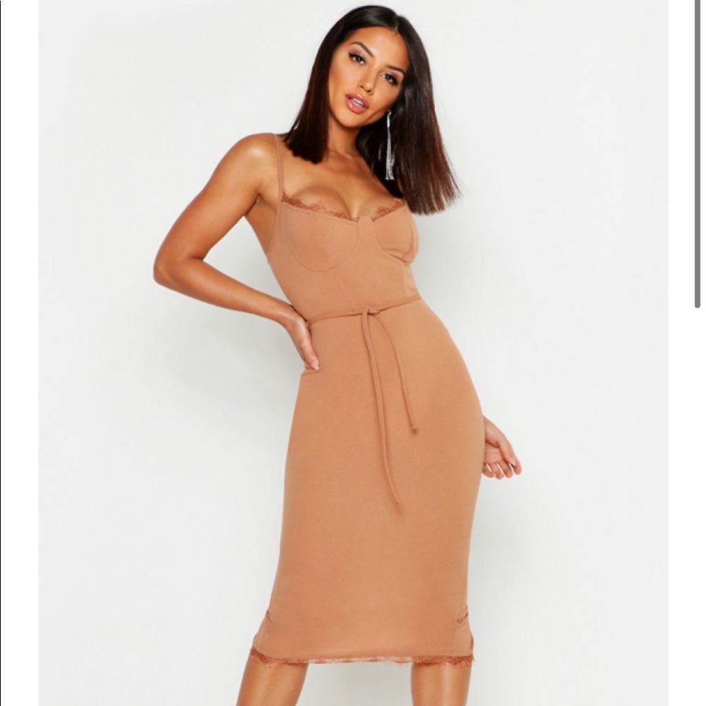 Lace Bustier Trim Tie Belt Midi Dress